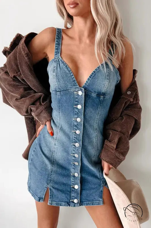 Stunning retro denim dress with button-down and corduroy jacket