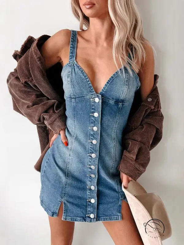 Stunning retro denim dress with button-down and corduroy jacket