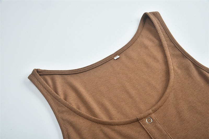 Brown ribbed tank top featured in the Comfy Sunken Stripe Dress for stylish fashion ملابس