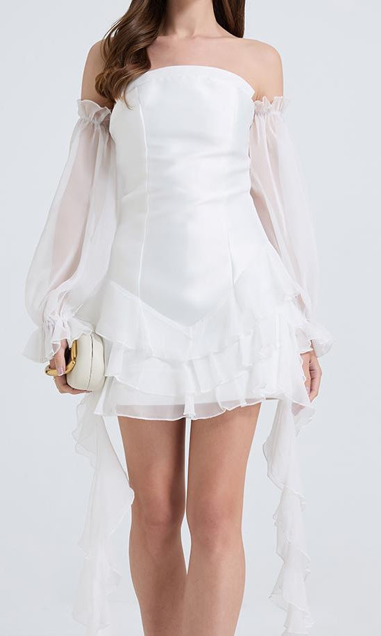 Elegant One Line Shoulder Strapless Little Dress in white, perfect for langry fashion ملابس