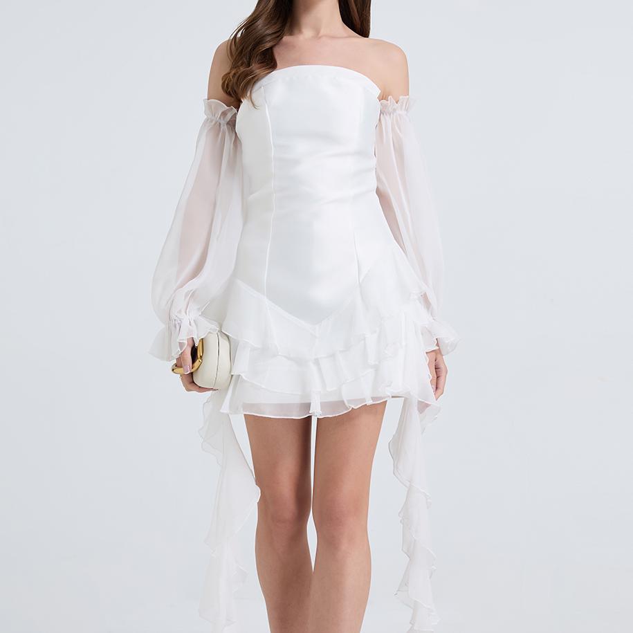 Elegant One Line Shoulder Strapless Little Dress in white, perfect for langry fashion ملابس