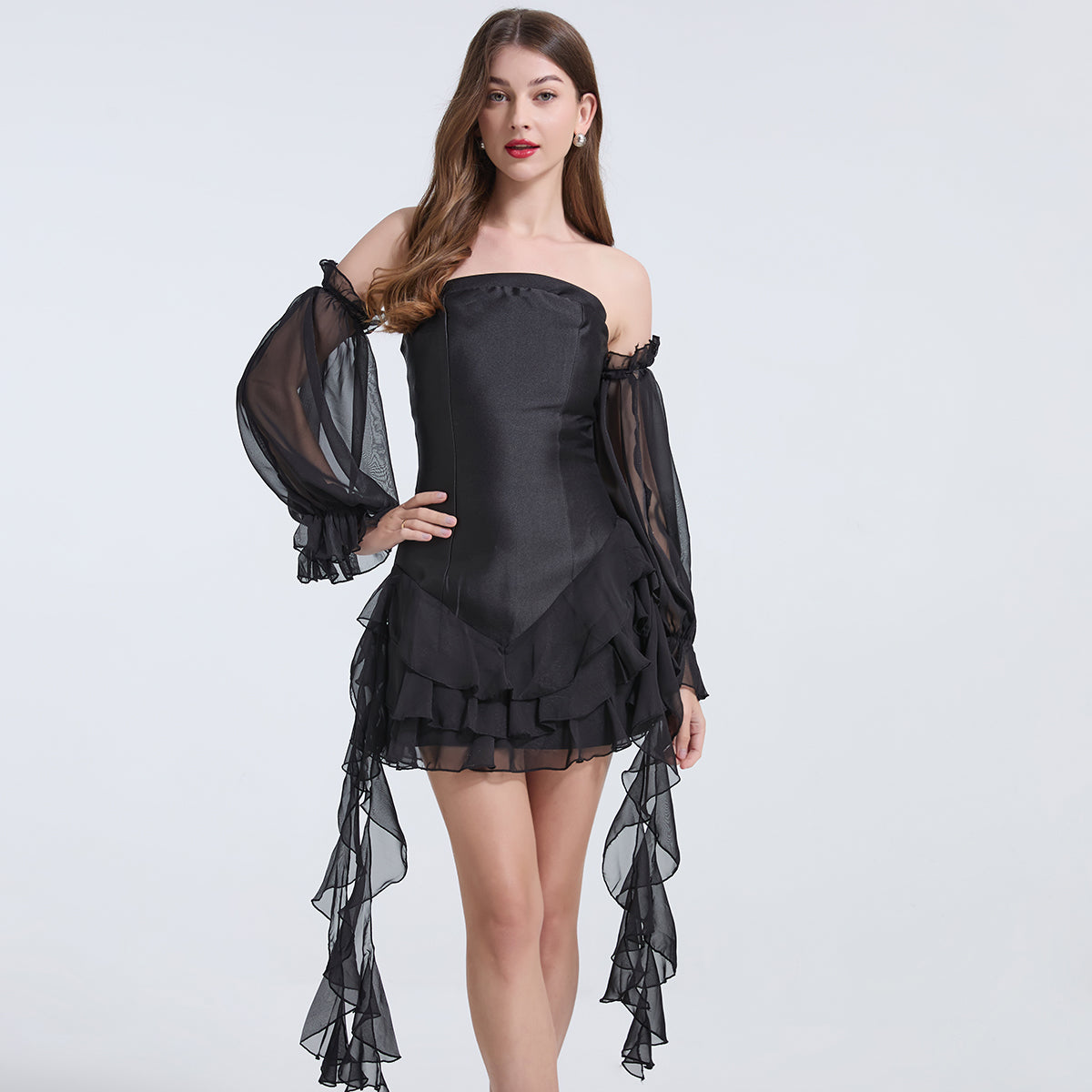Black off-the-shoulder dress with sheer sleeves and ruffled hem for elegant fashion ملابس
