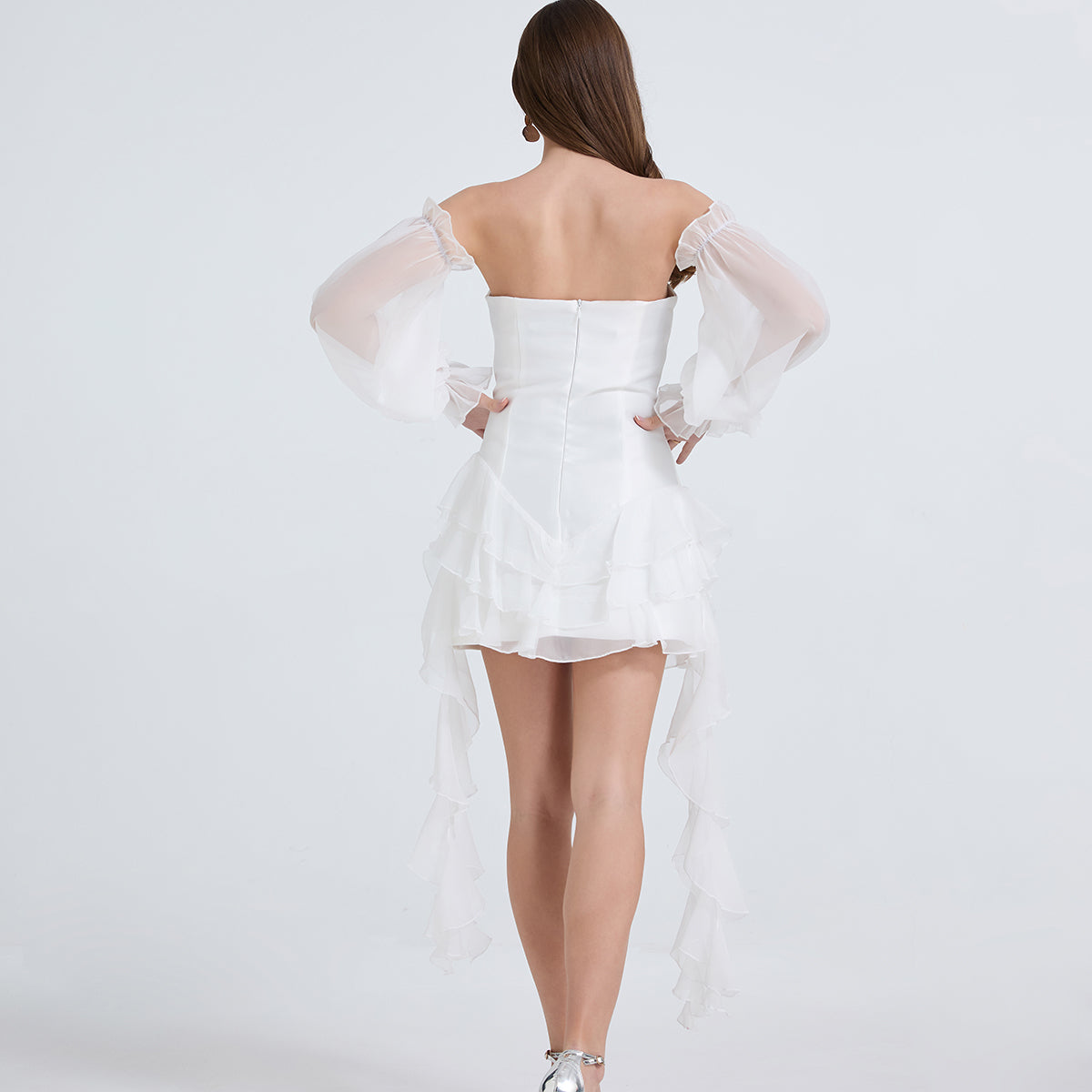 Elegant One Line Shoulder Strapless Little Dress in white with sheer sleeves, fashion ملابس