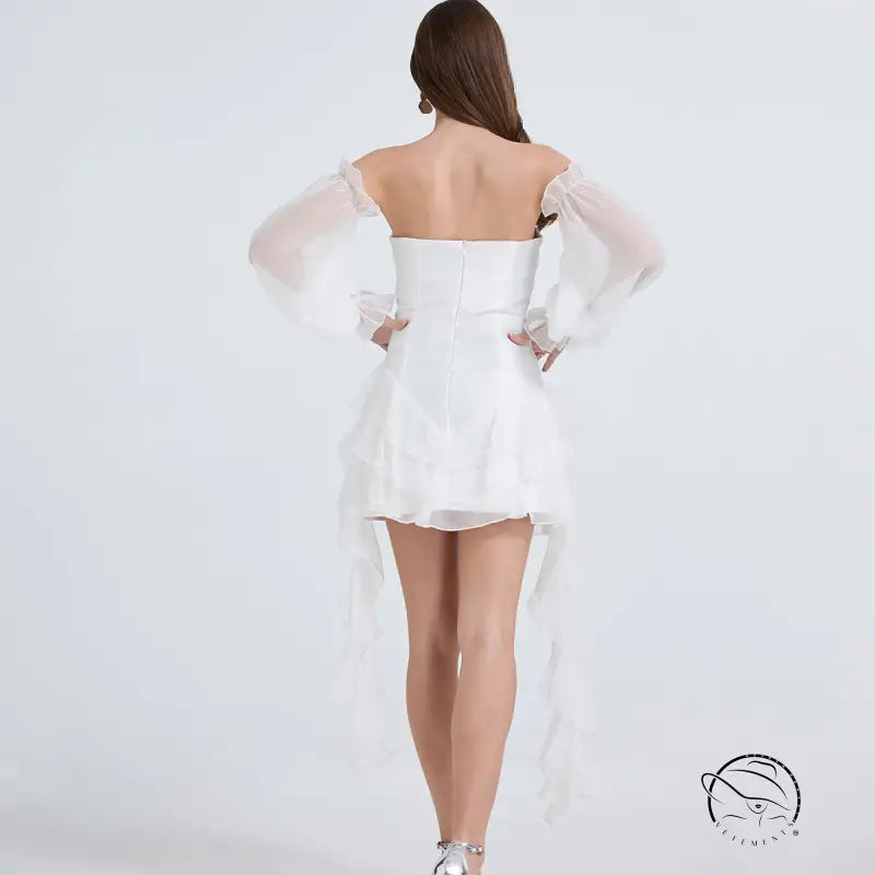 Elegant white shoulder strapless dress with sheer sleeves in Langry fashion