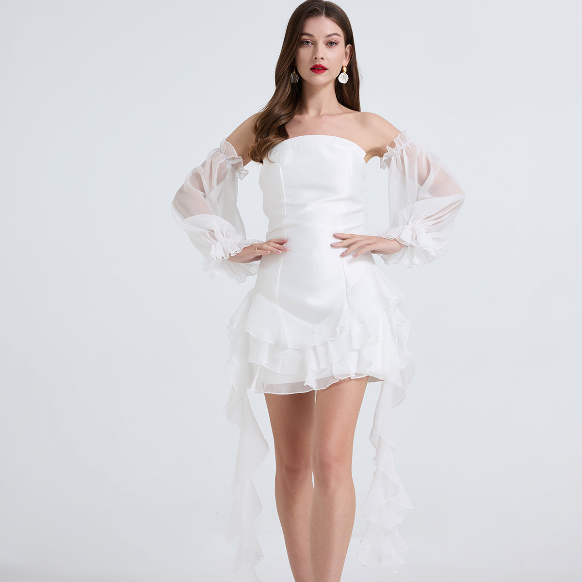 Elegant white off-the-shoulder dress for women, perfect for langry and modern fashion ملابس