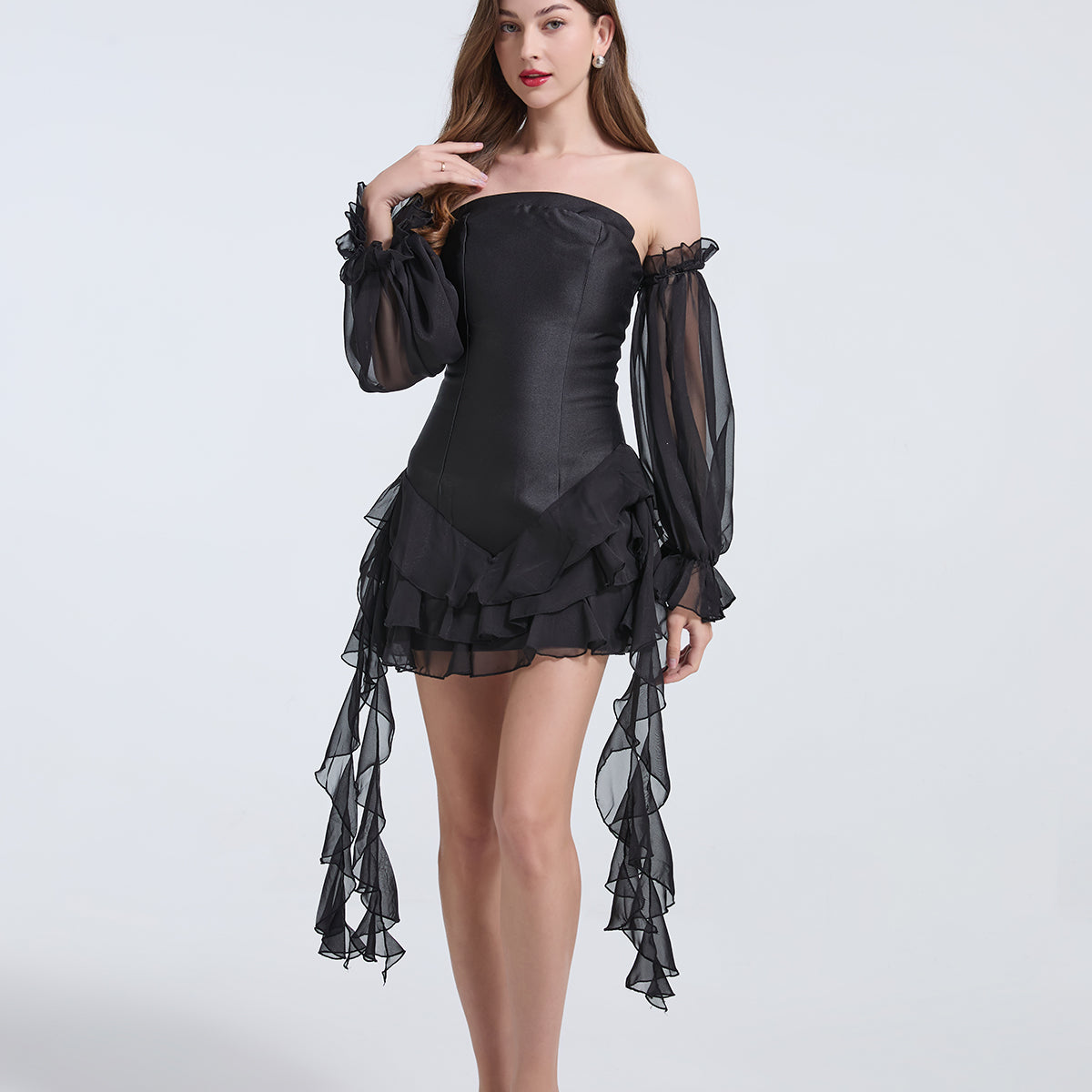 Black off-the-shoulder mini dress with sheer sleeves for elegant fashion ملابس
