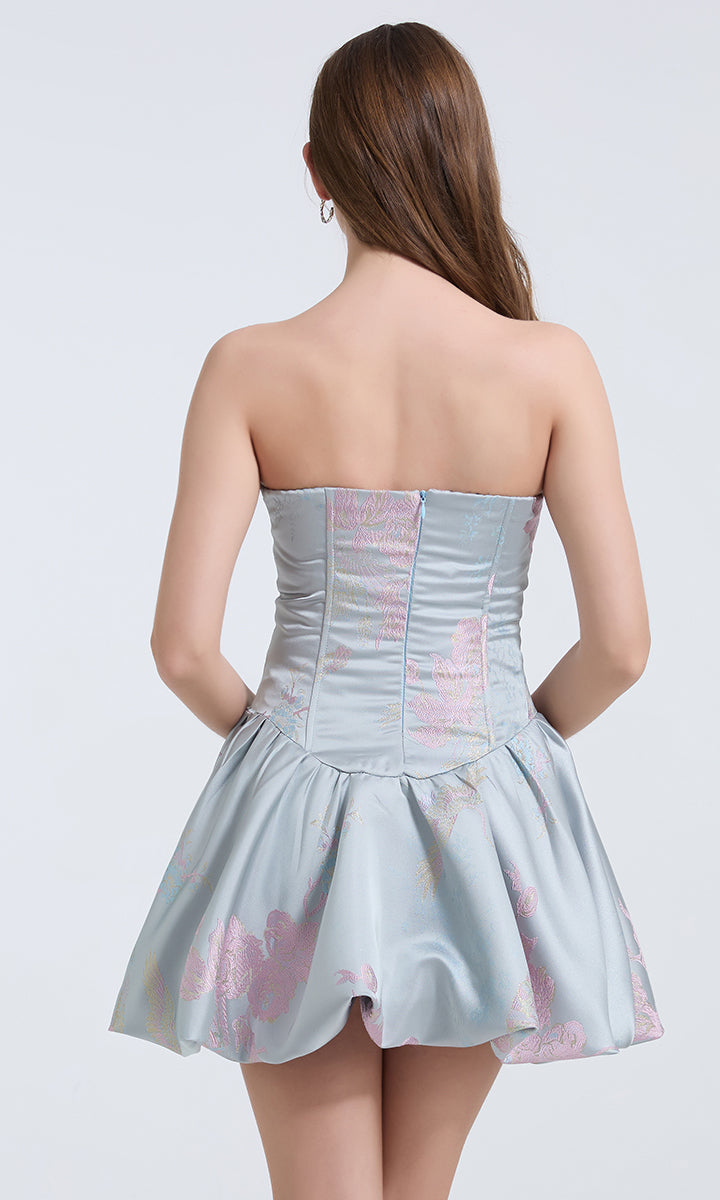Strapless blue and pink floral dress for a stylish fashion wardrobe, perfect for ملابس events