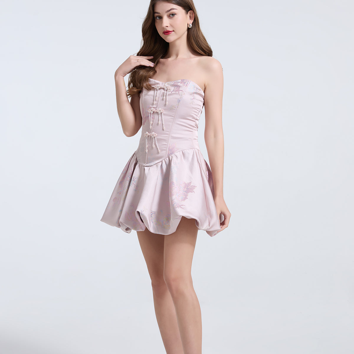 Embroidered Pearl And Diamond Strapless Little Dress in pink, perfect for trendy fashion