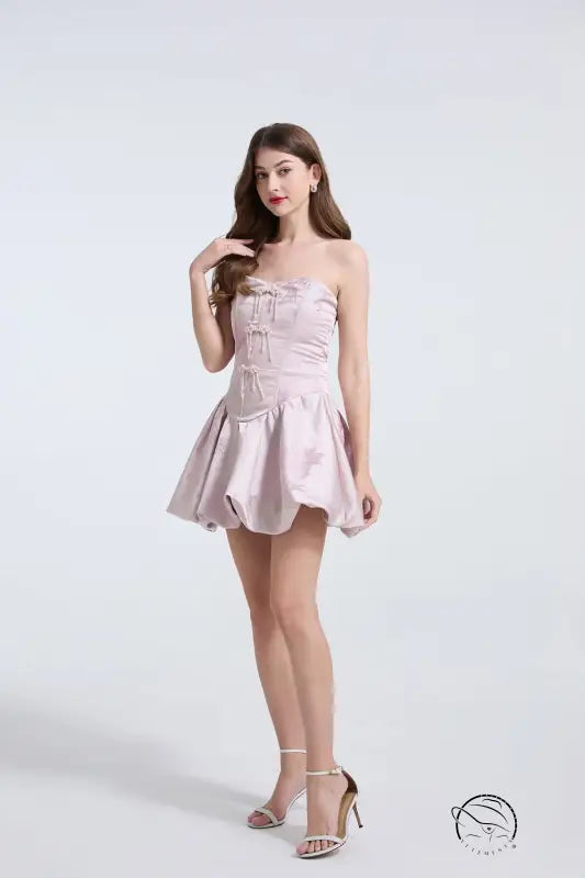 Embroidered pearl and diamond strapless pink mini dress in Langry fashion