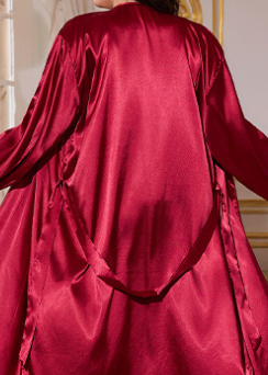 Langry red satin robe with long sleeves and ruffled hem, luxury fashion loungewear