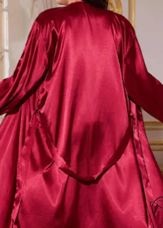 Red satin langry robe with long sleeves and ruffled hem in fashion set