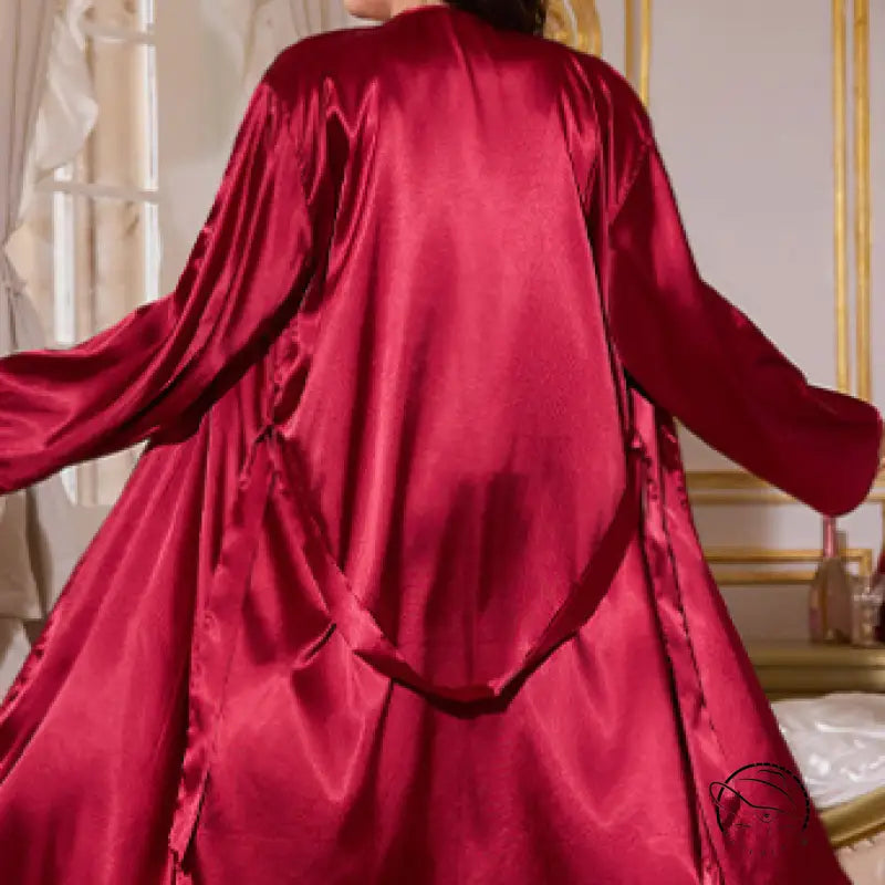Red satin langry robe with long sleeves and ruffled hem in fashion set
