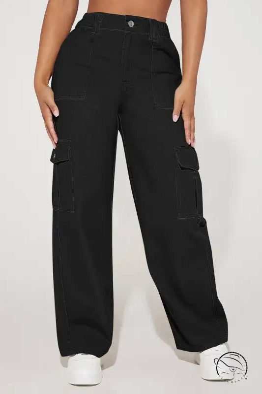 Black cute casual pants in cargo style