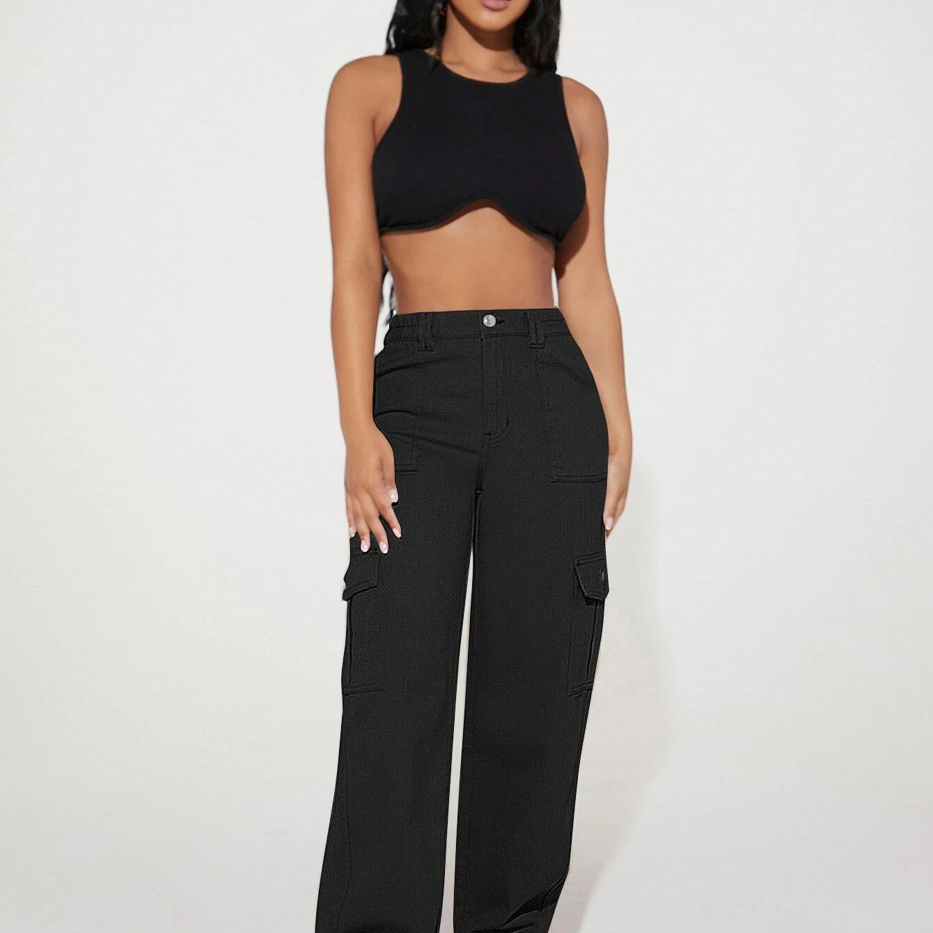 Woman in black crop top and cargo pants showcasing Cute Casual Pants fashion ملابس