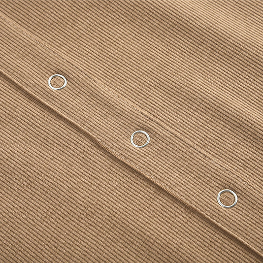 Brown corduroy fabric with metal snaps in Comfy Sunken Stripe Dress for fashionable ملابس