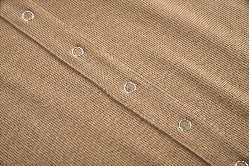Brown corduroy fabric with metal snaps in Comfy Sunken Stripe Dress for fashionable ملابس