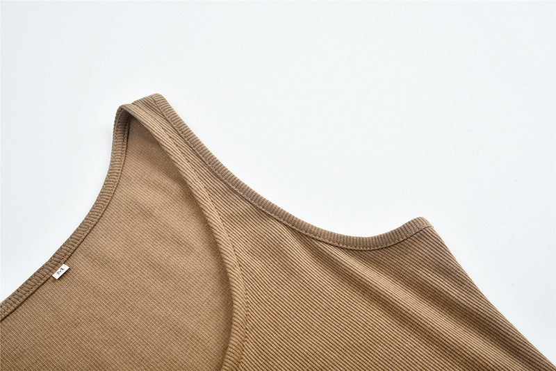 Brown ribbed knit top featured in Comfy Sunken Stripe Dress for stylish fashion ملابس