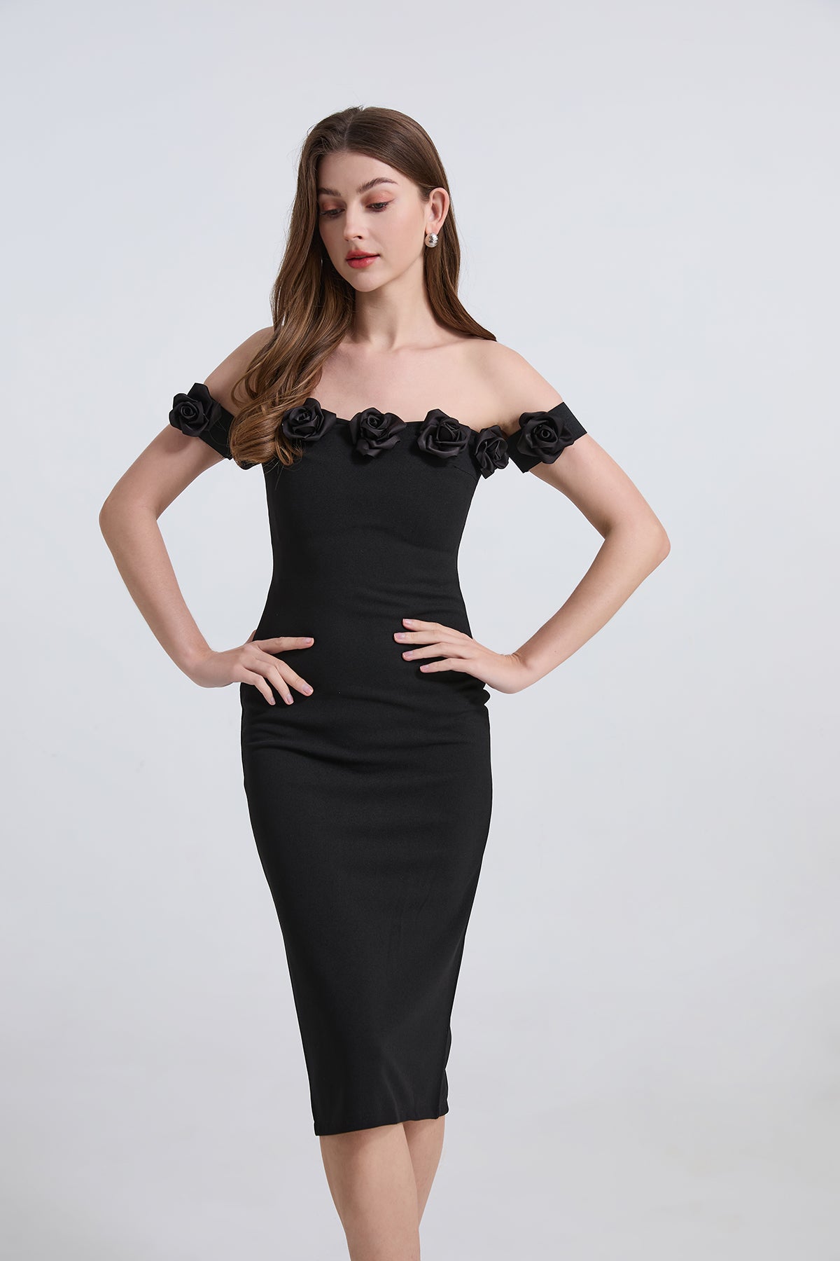 Off-the-shoulder black Enchanting Flower Slim Fit Slit Dress for elegant fashion style
