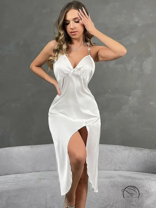Langry fashion white satin slip dress with eyelash lace stitching and deep v-neck high slit