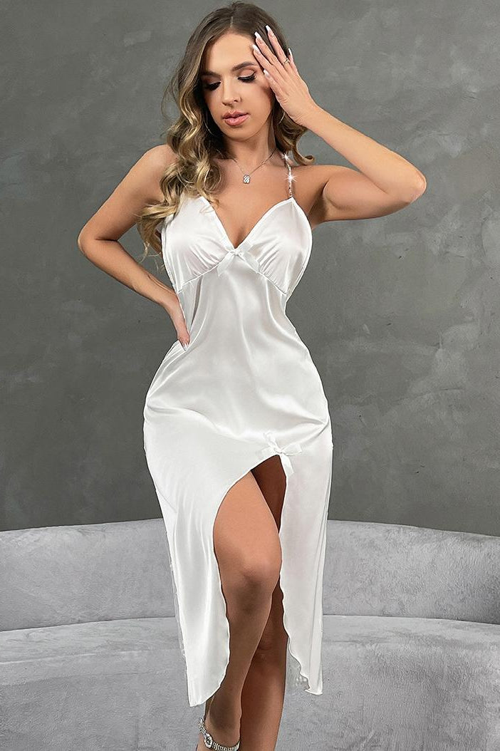 Langry white satin slip dress with eyelash lace stitching, deep v-neck and high slit