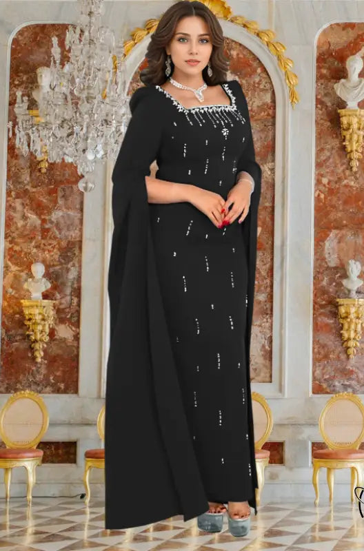 Elegant langry black dress with cape sleeves in fashion ملابس