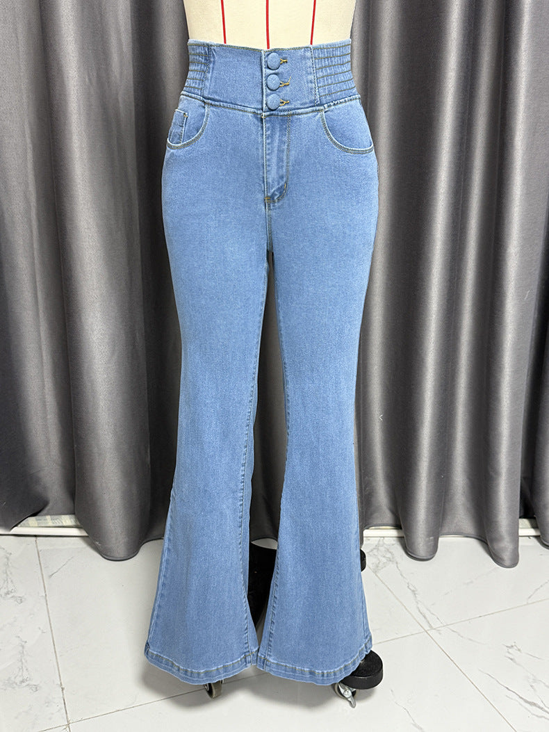 High-waisted light-blue flared jeans from Beautiful Stretch Hip Lifting Denim Trousers collection
