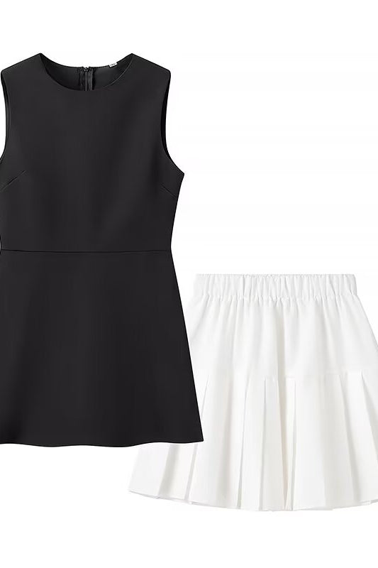Elegant langry black sleeveless top with white pleated skirt fashion dress