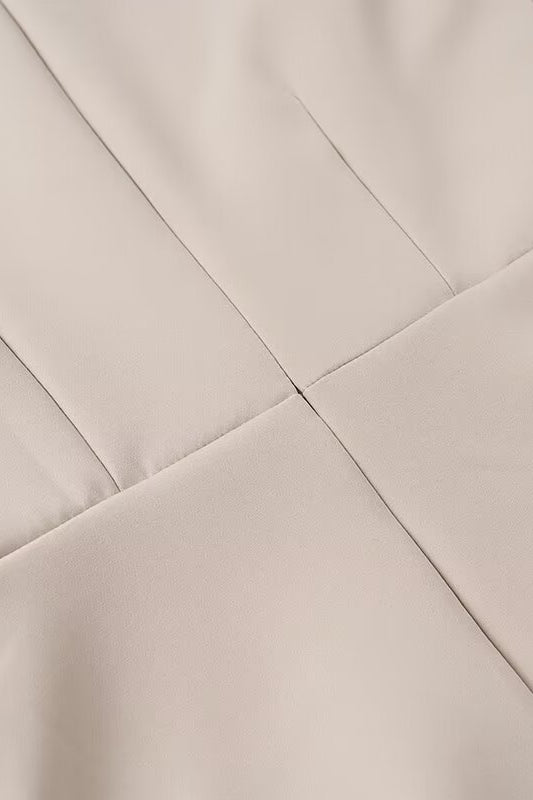 Elegant beige pleated langry fashion dress, high waist slim fit silhouette