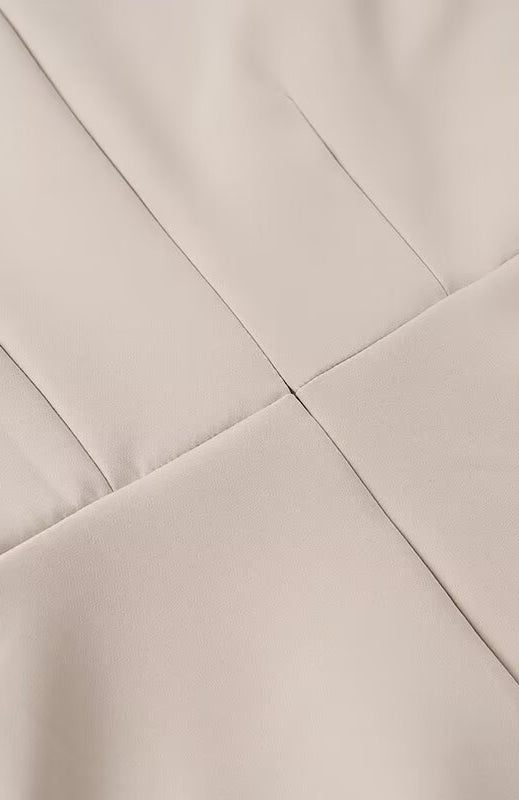 Elegant beige pleated langry fashion dress, high waist slim fit silhouette