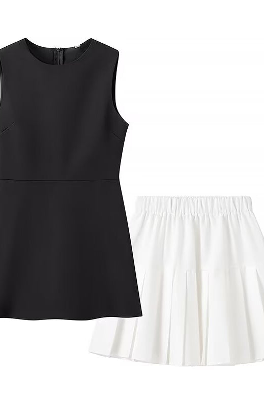 Elegant slim fit langry fashion black sleeveless dress with white pleated skirt