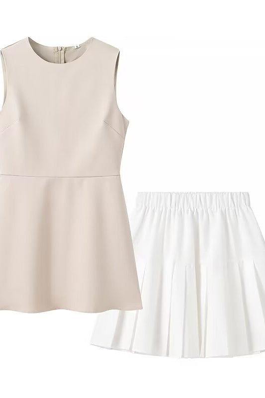 Elegant langry beige sleeveless slim fit fashion dress with pleated skirt