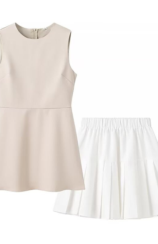 Elegant langry beige sleeveless slim fit fashion dress with pleated skirt