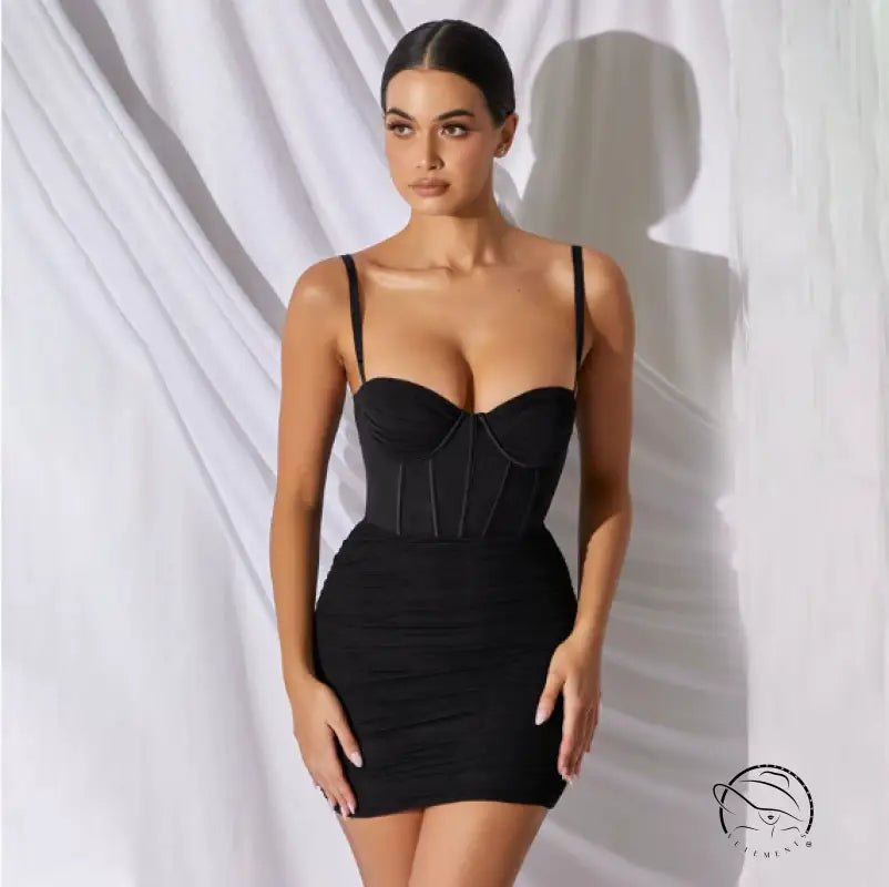 Elegant design sling boning corset mini dress in black