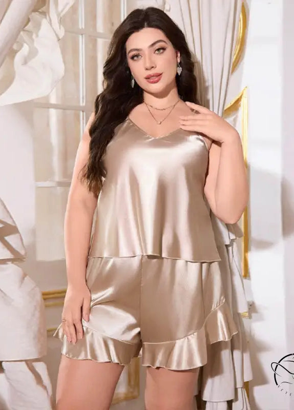 Langry fashion ملابس: champagne satin pajama set with ruffles