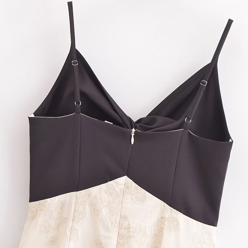 Elegant Sling French Design Dress featuring a sleeveless black and beige langry style