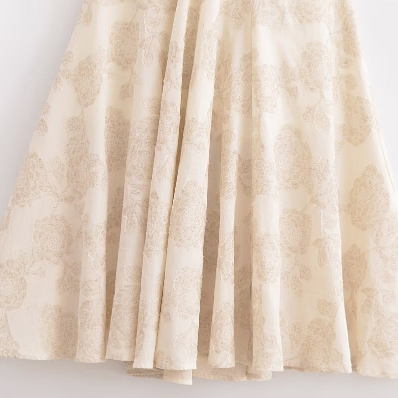 Cream-colored floral skirt of Elegant Sling French Design Dress, showcasing Langry fashion ملابس