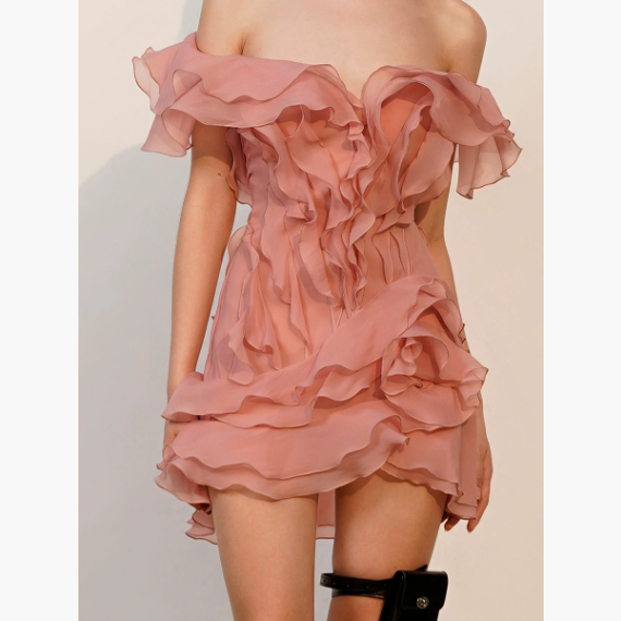 Elegant pink ruffled off the shoulder short sleeve dress for fashionable women