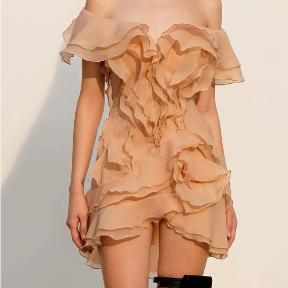 Elegant peach Ruffled off the Shoulder Short Sleeve Dress showcasing stylish fashion