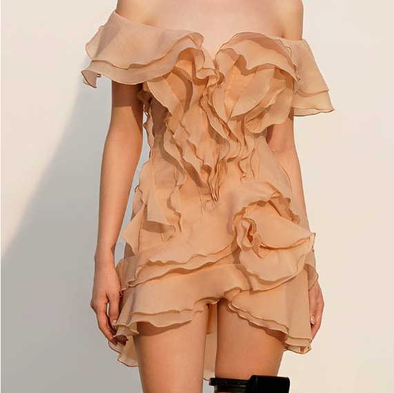Elegant peach Ruffled off the Shoulder Short Sleeve Dress showcasing stylish fashion