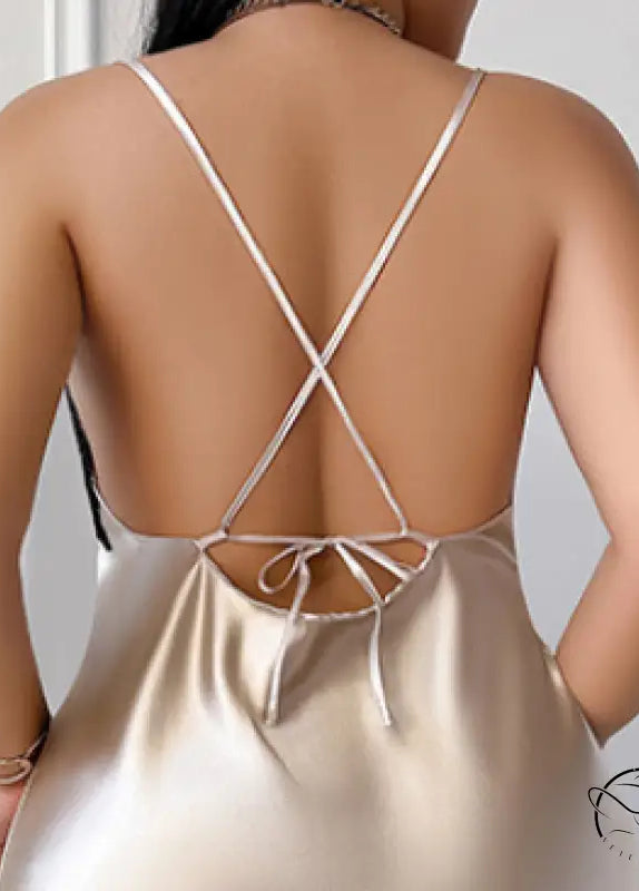 Langry fashion champagne satin slip dress with crisscross lace-up back