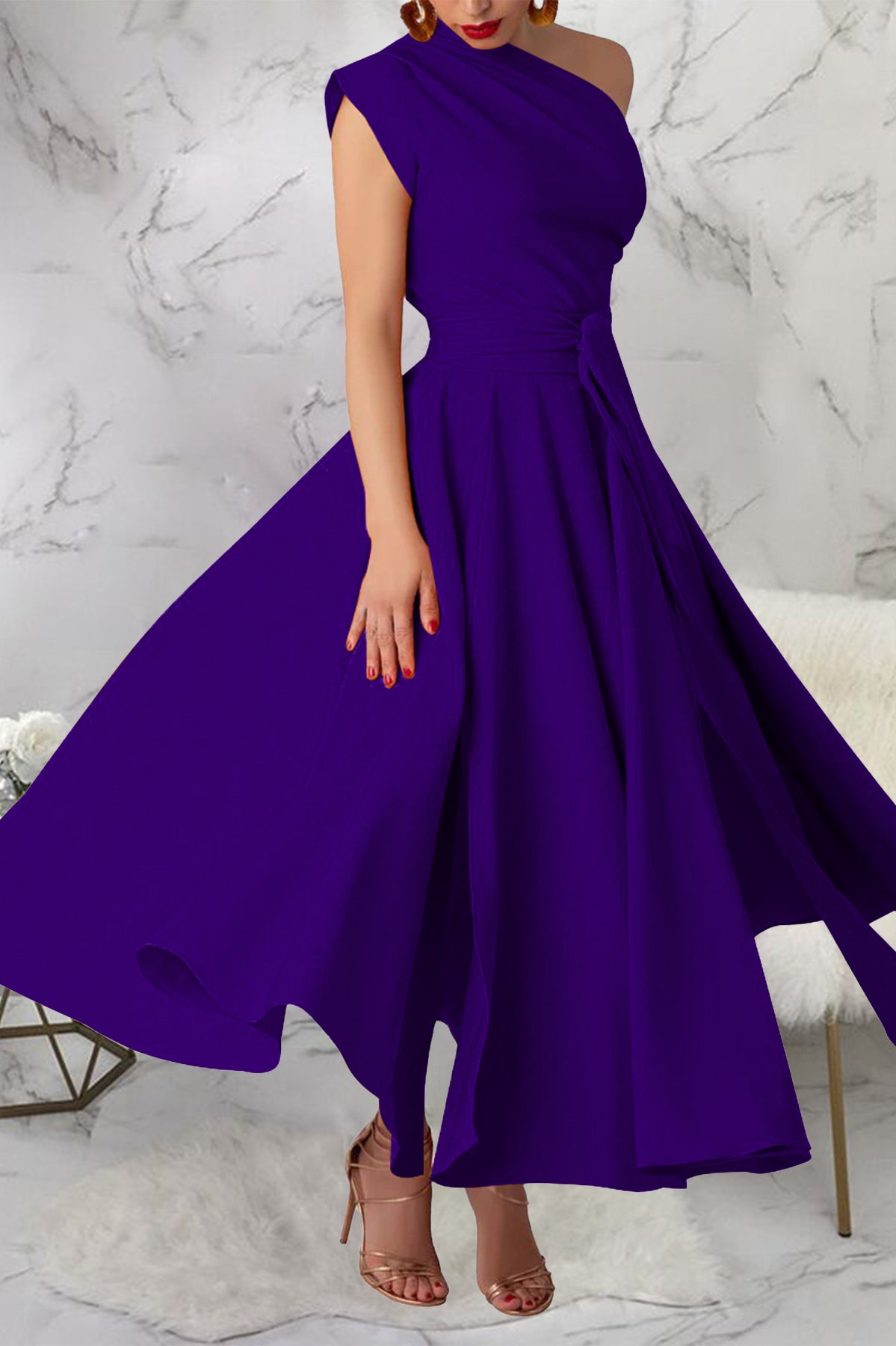 Royal blue satin maxi dress with high neckline and flowing skirt