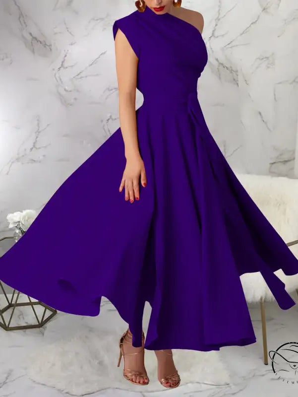 Royal blue satin waist tight swing maxi dress with high neckline
