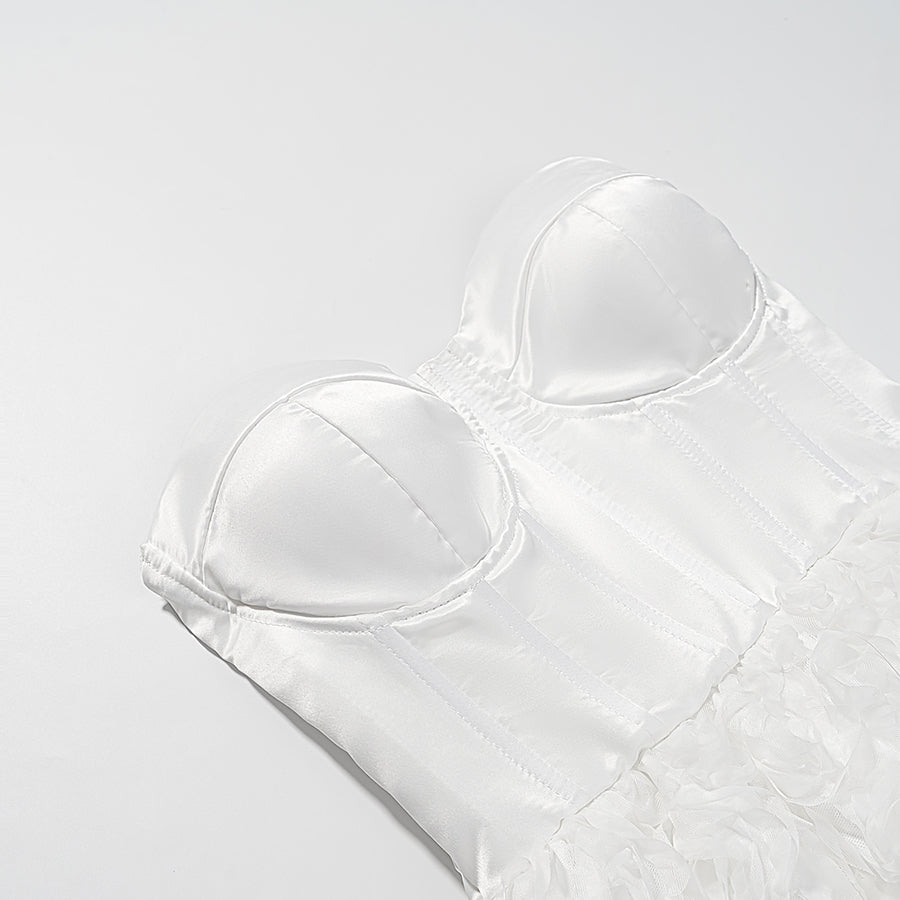 White satin padded bra with adjustable straps in early spring floral tube top dress