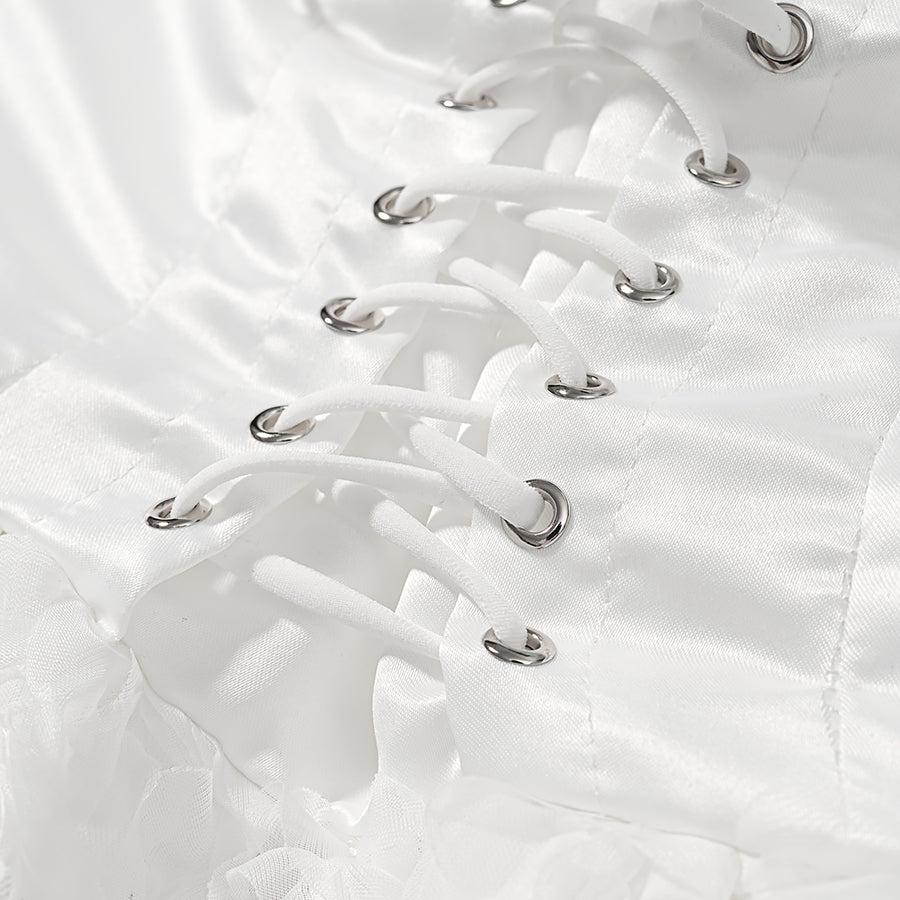 White satin lace-up corset in early spring floral three dimensional tube top dress
