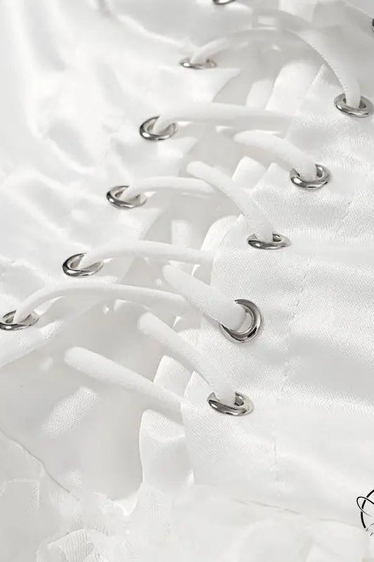 Early spring floral white satin lace-up corset with silver eyelets