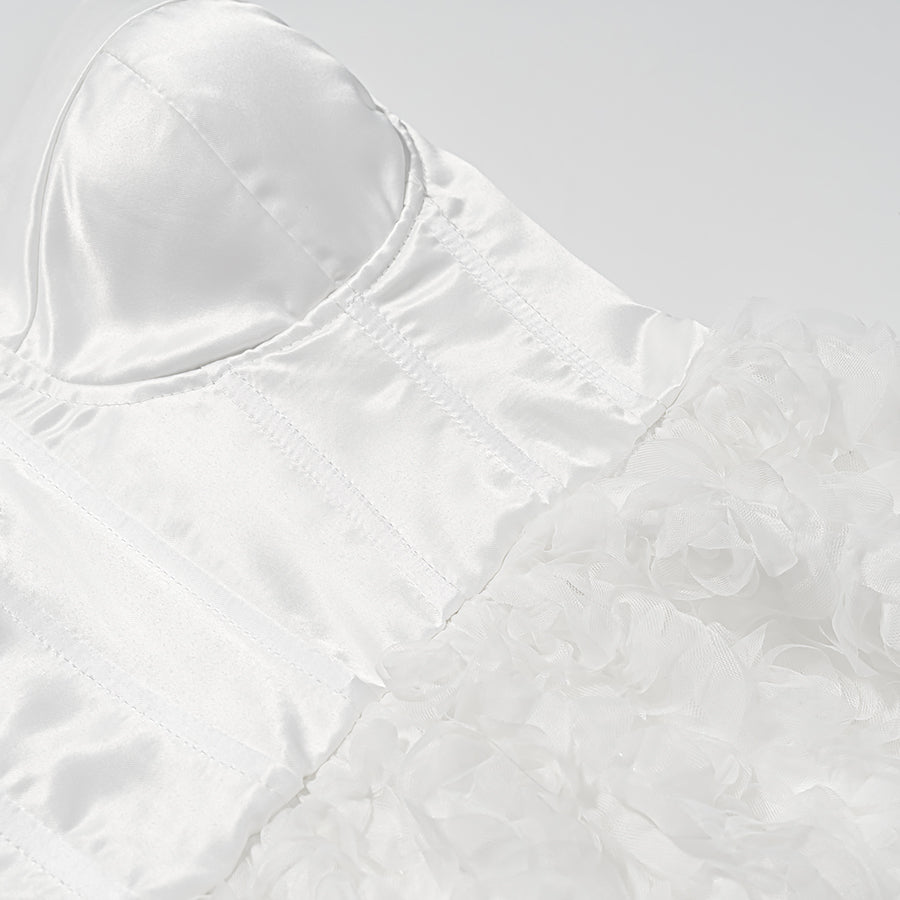 Early spring floral white satin blouse with ruffled sleeves