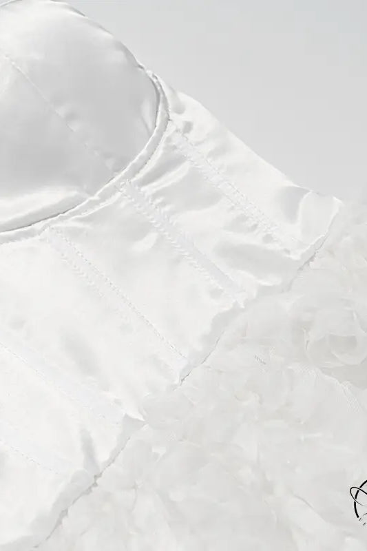 Early spring floral white satin blouse with ruffled sleeves