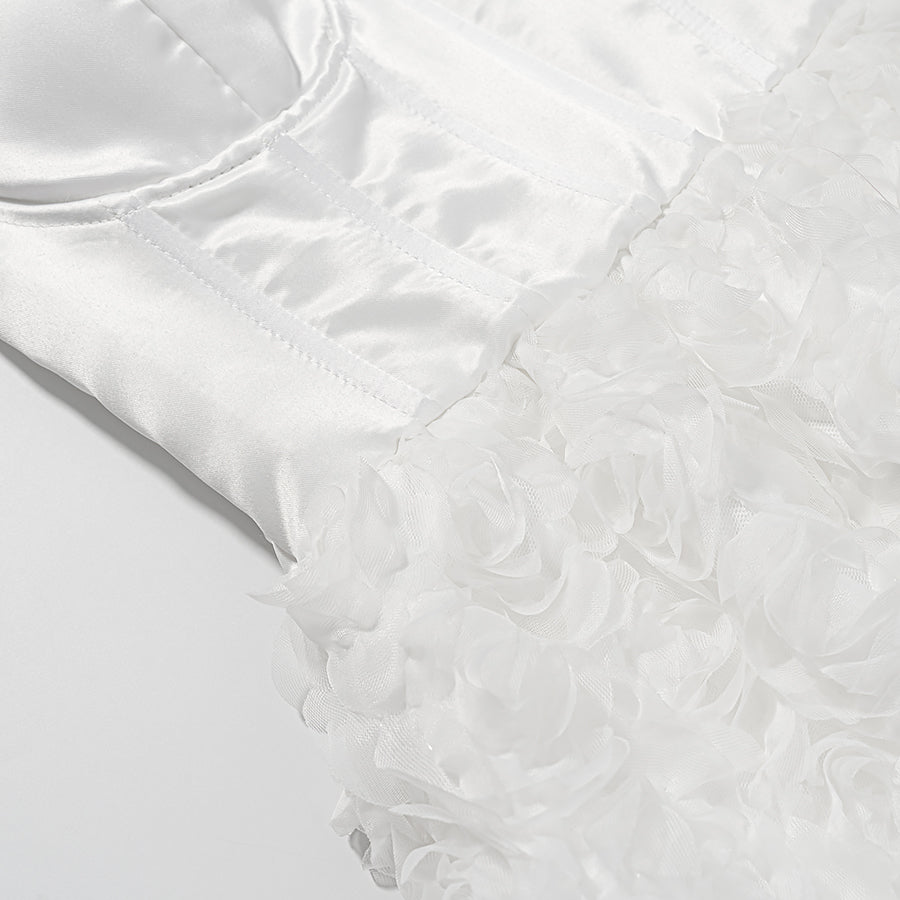 Early spring floral three dimensional white lace tube top dress with satin trim