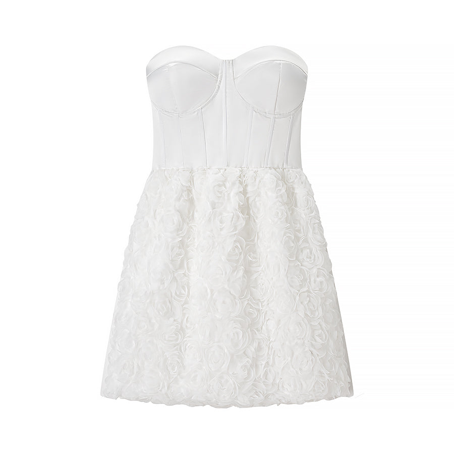 White strapless early spring floral lace dress with 3D embellishments