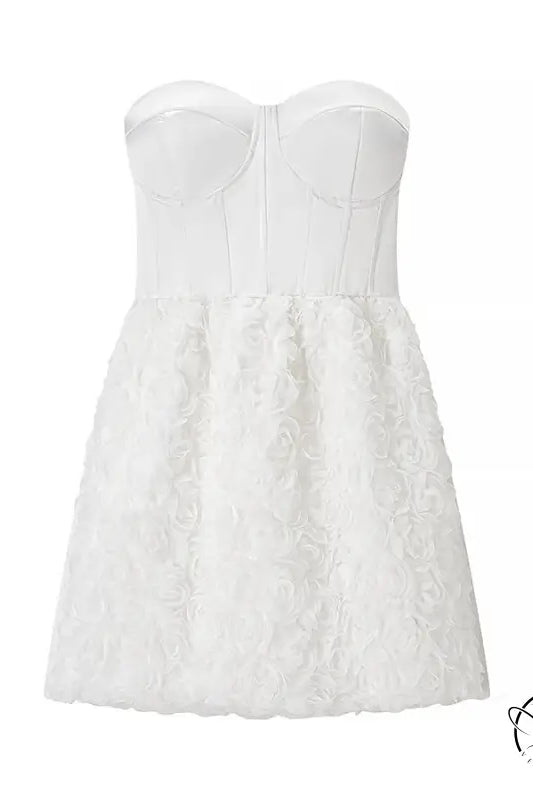 Early spring floral three dimensional white strapless lace dress with fitted bodice